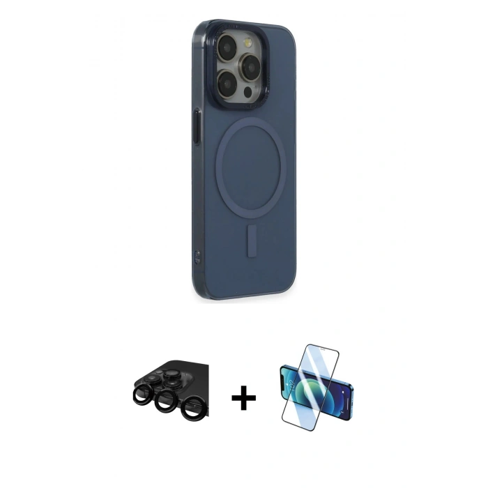 MARSİLYAN™- iPhone 15 Pro Max Kılıf Eksen Işık Prime - Siyah 3D Antistatik Seramik Nano Ekran Koruyucu + Raze Metal Kamera Lens - SH