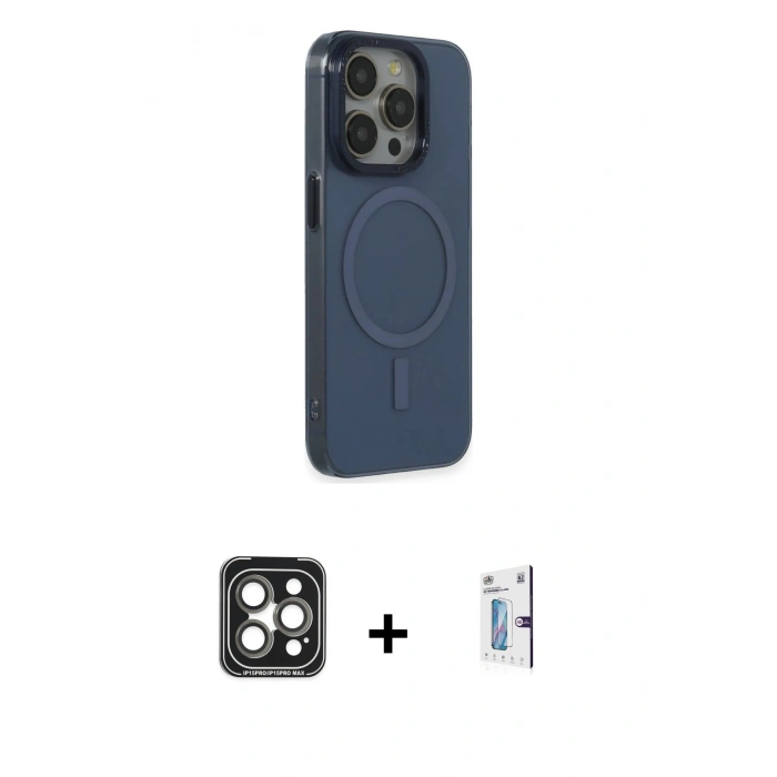 MARSİLYAN™- iPhone 15 Pro Max Kılıf Eksen Işık Prime - Siyah Bilvis 0.18mm Plus Cam Ekran Koruyucu + Gri PVD Metal Kamera Lens