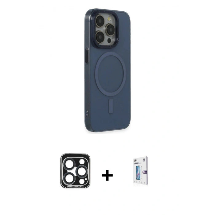 MARSİLYAN™- iPhone 15 Pro Max Kılıf Eksen Işık Prime - Siyah Bilvis 0.18mm Plus Cam Ekran Koruyucu + PVD Metal Kamera Lens - LT