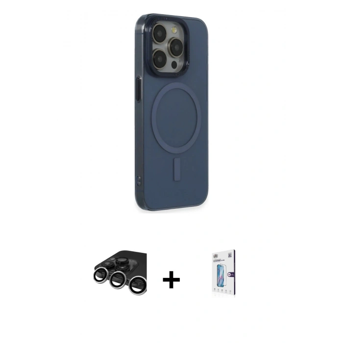 MARSİLYAN™- iPhone 15 Pro Max Kılıf Eksen Işık Prime - Siyah Bilvis 0.18mm Plus Cam Ekran Koruyucu + Raze Metal Kamera Lens - GS