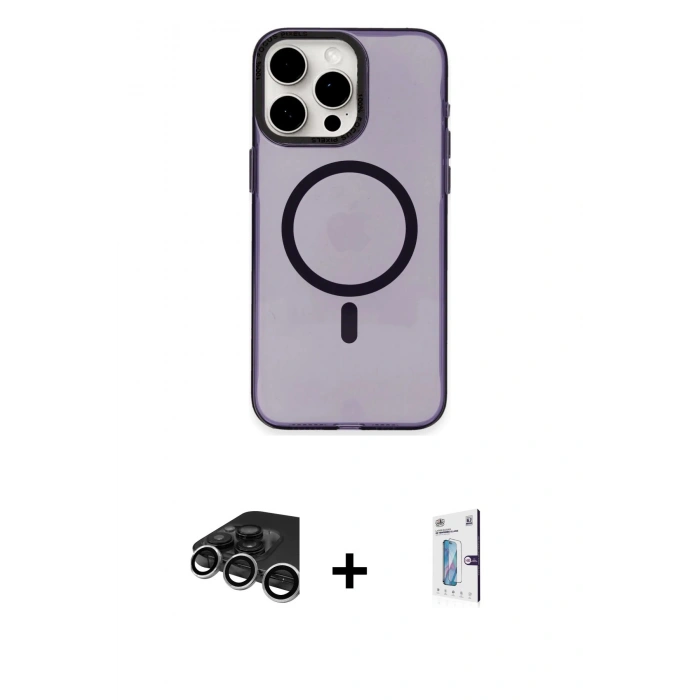 MARSİLYAN™- iPhone 15 Pro Max Kılıf Eksen Işık Prime - Siyah Bilvis 0.18mm Plus Cam Ekran Koruyucu + Raze Metal Kamera Lens - GS