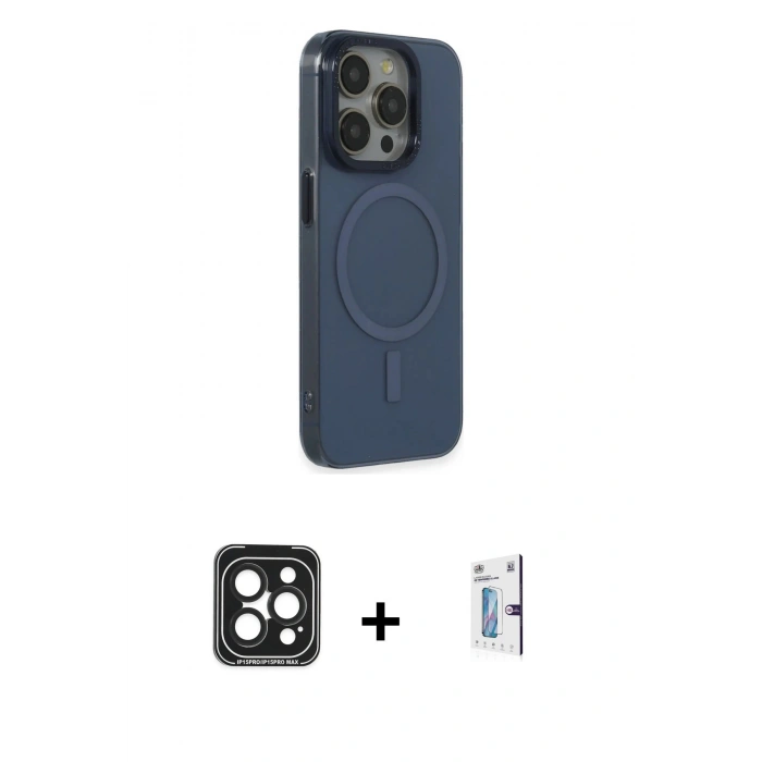 MARSİLYAN™- iPhone 15 Pro Max Kılıf Eksen Işık Prime - Siyah Bilvis 0.18mm Plus Cam Ekran Koruyucu + Siyah PVD Metal Kamera Lens