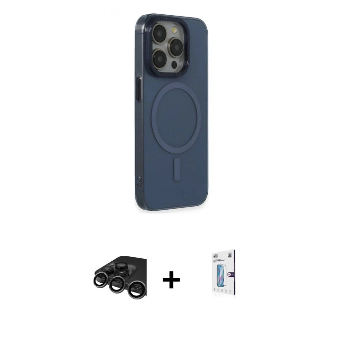 MARSİLYAN™- iPhone 15 Pro Max Kılıf Eksen Işık Prime - Siyah Bilvis 0.18mm Plus Cam Ekran Koruyucu + Raze Metal Kamera Lens - TMGI