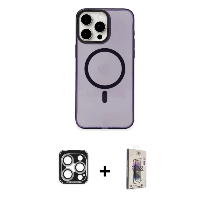 MARSİLYAN™- iPhone 15 Pro Max Kılıf Eksen Işık Prime - Siyah Bilvis 3D Cam Ekran Koruyucu + PVD Metal Kamera Lens - GS