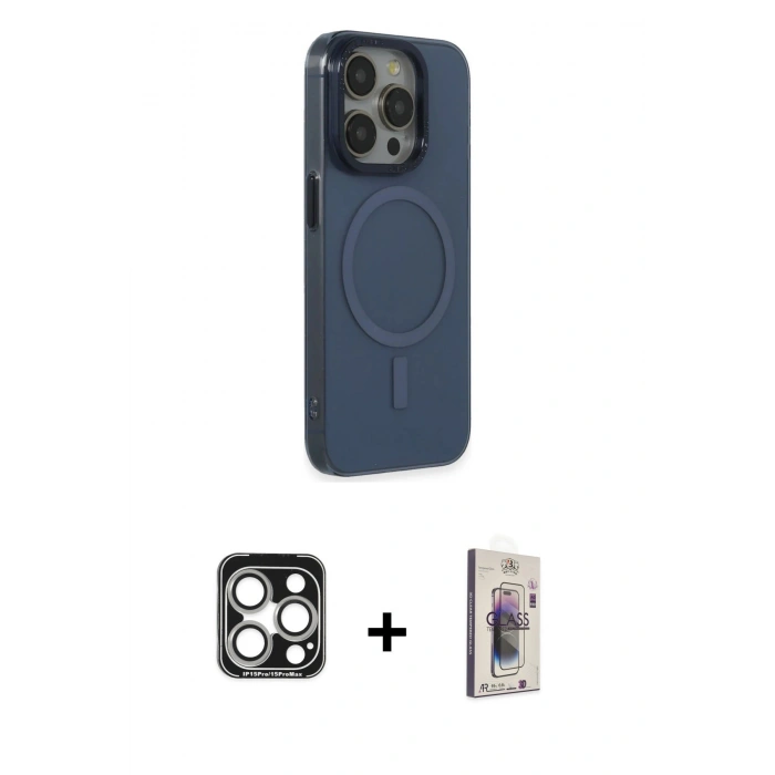 MARSİLYAN™- iPhone 15 Pro Max Kılıf Eksen Işık Prime - Siyah Bilvis 3D Cam Ekran Koruyucu + PVD Metal Kamera Lens - GS