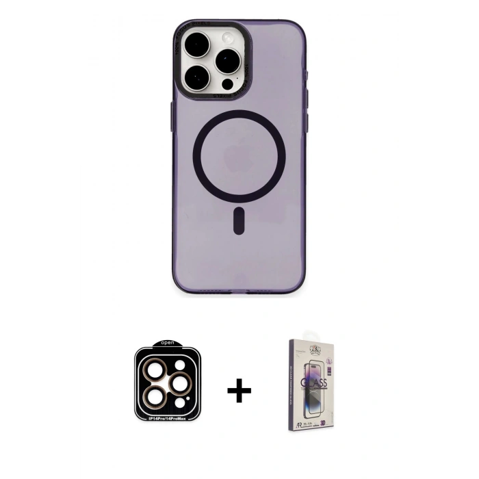 MARSİLYAN™- iPhone 15 Pro Max Kılıf Eksen Işık Prime - Siyah Bilvis 3D Cam Ekran Koruyucu + PVD Metal Kamera Lens - TU