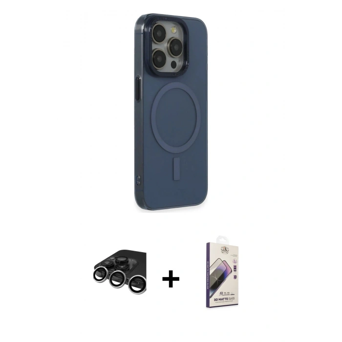 MARSİLYAN™- iPhone 15 Pro Max Kılıf Eksen Işık Prime - Siyah Bilvis 3D Mat Cam Ekran Koruyucu + Raze Metal Kamera Lens - GS