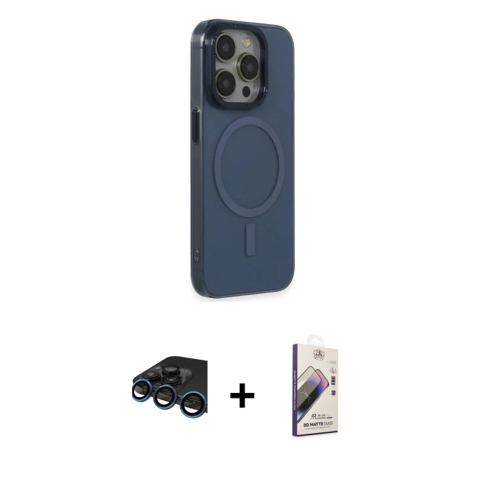 MARSİLYAN™- iPhone 15 Pro Max Kılıf Eksen Işık Prime - Siyah Bilvis 3D Mat Cam Ekran Koruyucu + Raze Metal Kamera Lens - LT