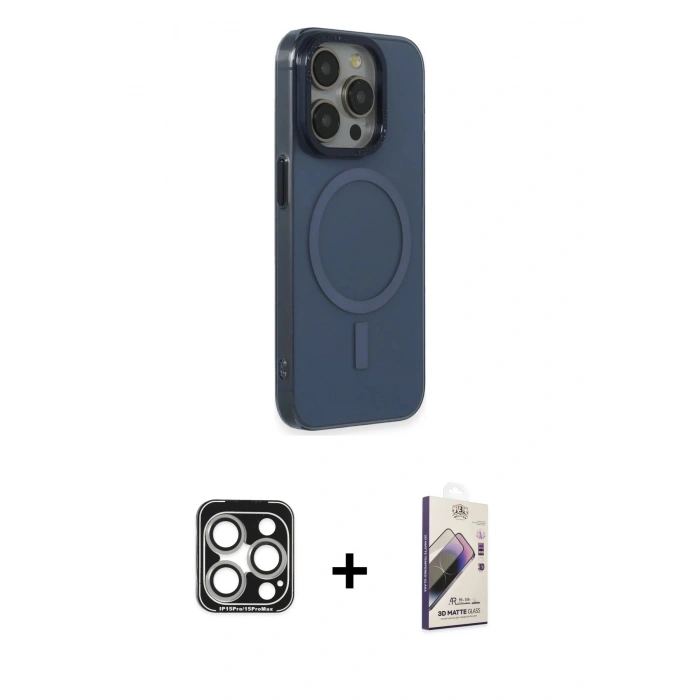 MARSİLYAN™- iPhone 15 Pro Max Kılıf Eksen Işık Prime - Siyah Bilvis 3D Mat Cam Ekran Koruyucu + PVD Metal Kamera Lens - GS