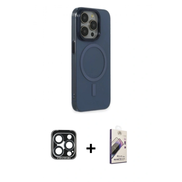 MARSİLYAN™- iPhone 15 Pro Max Kılıf Eksen Işık Prime - Siyah Bilvis 3D Mat Cam Ekran Koruyucu + PVD Metal Kamera Lens - LT