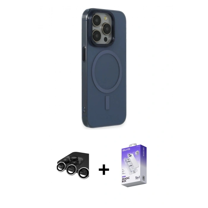 MARSİLYAN™- iPhone 15 Pro Max Kılıf Eksen Işık Prime - Siyah Bilvis 5in1 3D Magic Cam Ekran Koruyucu + Raze Metal Kamera Lens - GS