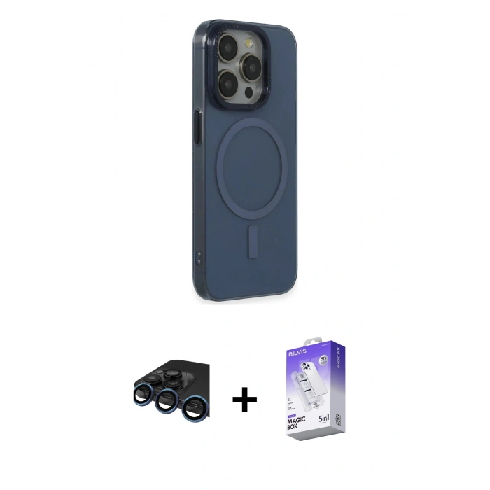MARSİLYAN™- iPhone 15 Pro Max Kılıf Eksen Işık Prime - Siyah Bilvis 5in1 3D Magic Cam Ekran Koruyucu + Raze Metal Kamera Lens - LT