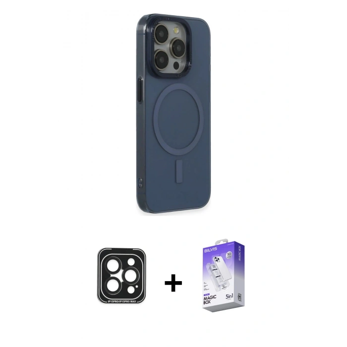 MARSİLYAN™- iPhone 15 Pro Max Kılıf Eksen Işık Prime - Siyah Bilvis 5in1 3D Magic Cam Ekran Koruyucu + PVD Metal Kamera Lens - SH