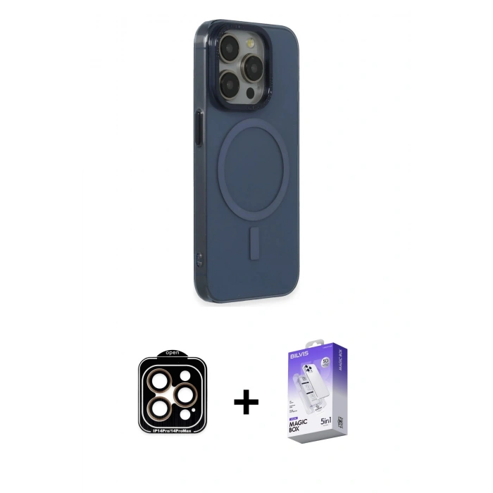 MARSİLYAN™- iPhone 15 Pro Max Kılıf Eksen Işık Prime - Siyah Bilvis 5in1 3D Magic Cam Ekran Koruyucu + PVD Metal Kamera Lens - TU