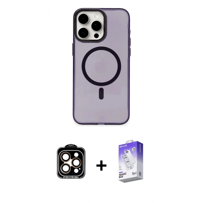 MARSİLYAN™- iPhone 15 Pro Max Kılıf Eksen Işık Prime - Siyah Bilvis 5in1 3D Magic Cam Ekran Koruyucu + PVD Metal Kamera Lens - TU