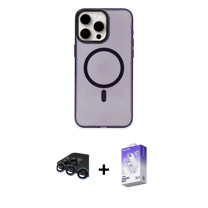 MARSİLYAN™- iPhone 15 Pro Max Kılıf Eksen Işık Prime - Siyah Bilvis 5in1 3D Magic Cam Ekran Koruyucu + Raze Metal Kamera Lens - LT