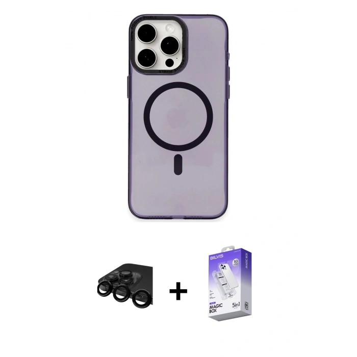 MARSİLYAN™- iPhone 15 Pro Max Kılıf Eksen Işık Prime - Siyah Bilvis 5in1 3D Magic Cam Ekran Koruyucu + Raze Metal Kamera Lens - SH