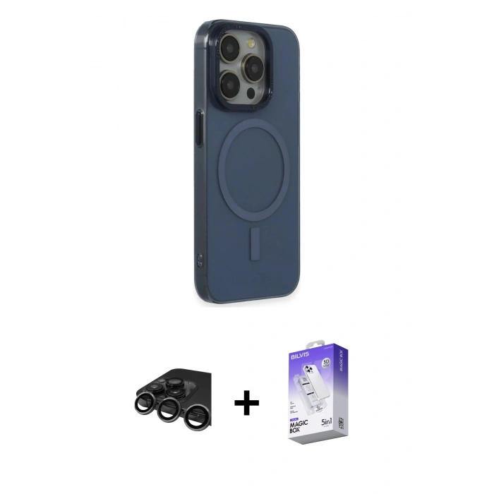 MARSİLYAN™- iPhone 15 Pro Max Kılıf Eksen Işık Prime - Siyah Bilvis 5in1 3D Magic Cam Ekran Koruyucu + Titanyum Gri Raze Metal Kamera Lens