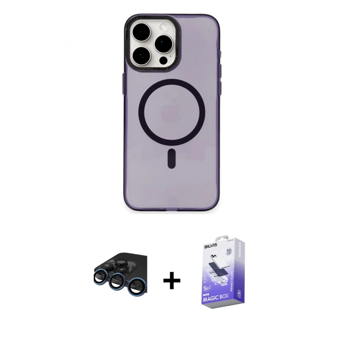 MARSİLYAN™- iPhone 15 Pro Max Kılıf Eksen Işık Prime - Siyah Bilvis 5in1 5D Magic Hayalet Cam Ekran Koruyucu + Raze Metal Kamera Lens - LT