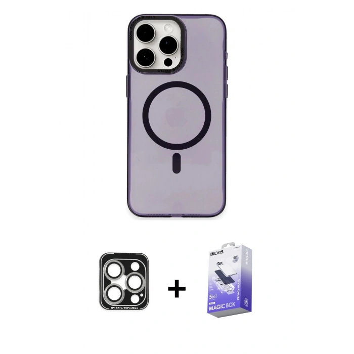 MARSİLYAN™- iPhone 15 Pro Max Kılıf Eksen Işık Prime - Siyah Bilvis 5in1 5D Magic Hayalet Cam Ekran Koruyucu + PVD Metal Kamera Lens - GS