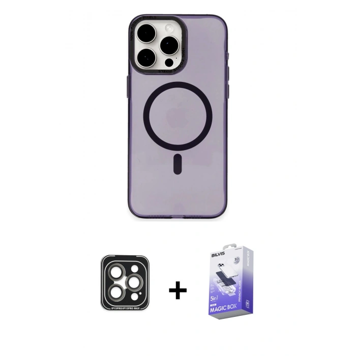 MARSİLYAN™- iPhone 15 Pro Max Kılıf Eksen Işık Prime - Siyah Bilvis 5in1 5D Magic Hayalet Cam Ekran Koruyucu + PVD Metal Kamera Lens - GI