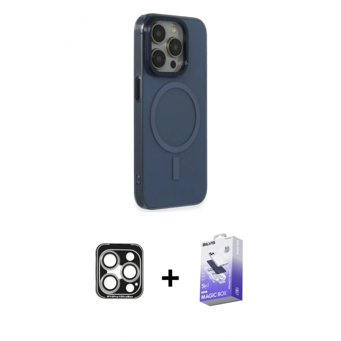 MARSİLYAN™- iPhone 15 Pro Max Kılıf Eksen Işık Prime - Siyah Bilvis 5in1 5D Magic Hayalet Cam Ekran Koruyucu + PVD Metal Kamera Lens - GS