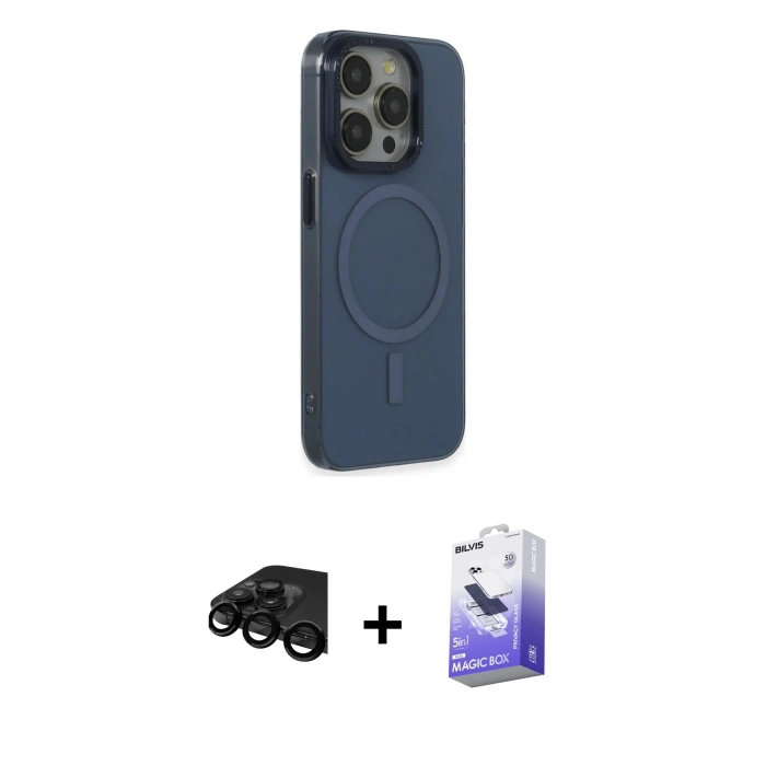 MARSİLYAN™- iPhone 15 Pro Max Kılıf Eksen Işık Prime - Siyah Bilvis 5in1 5D Magic Hayalet Cam Ekran Koruyucu + Siyah Raze Metal Kamera Lens