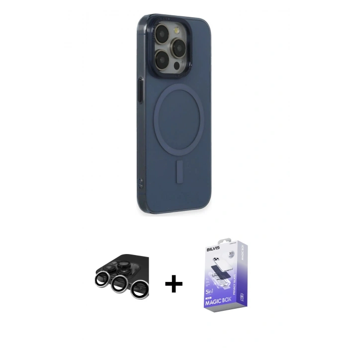 MARSİLYAN™- iPhone 15 Pro Max Kılıf Eksen Işık Prime - Siyah Bilvis 5in1 5D Magic Hayalet Cam Ekran Koruyucu + Raze Metal Kamera Lens - GS