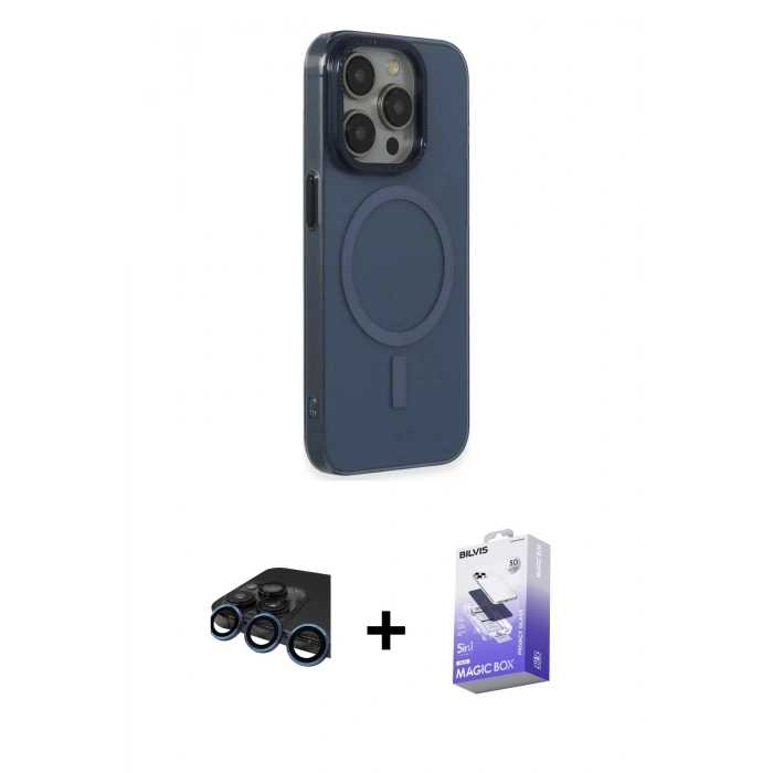 MARSİLYAN™- iPhone 15 Pro Max Kılıf Eksen Işık Prime - Siyah Bilvis 5in1 5D Magic Hayalet Cam Ekran Koruyucu + Raze Metal Kamera Lens - LT