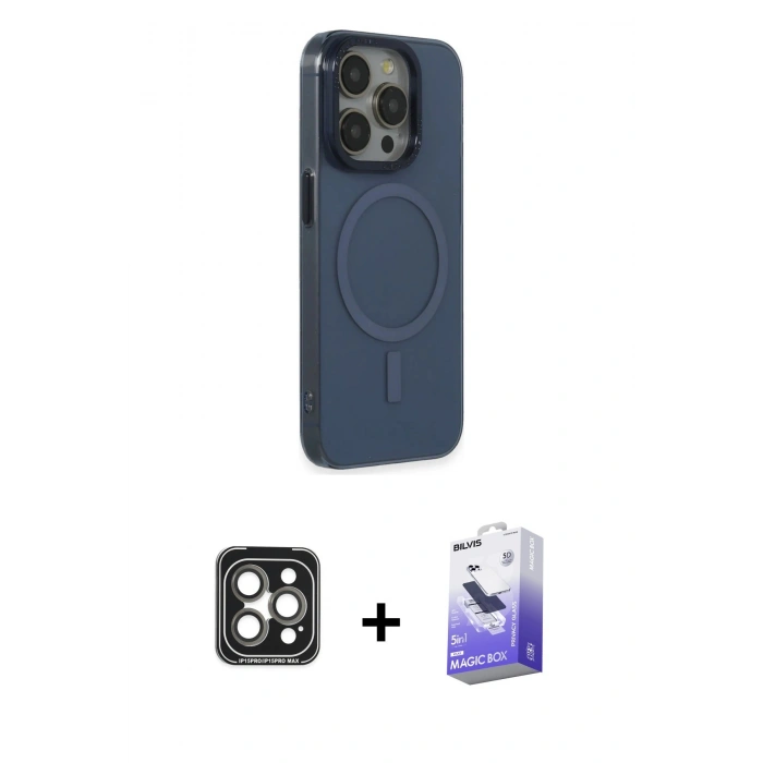 MARSİLYAN™- iPhone 15 Pro Max Kılıf Eksen Işık Prime - Siyah Bilvis 5in1 5D Magic Hayalet Cam Ekran Koruyucu + PVD Metal Kamera Lens - GI