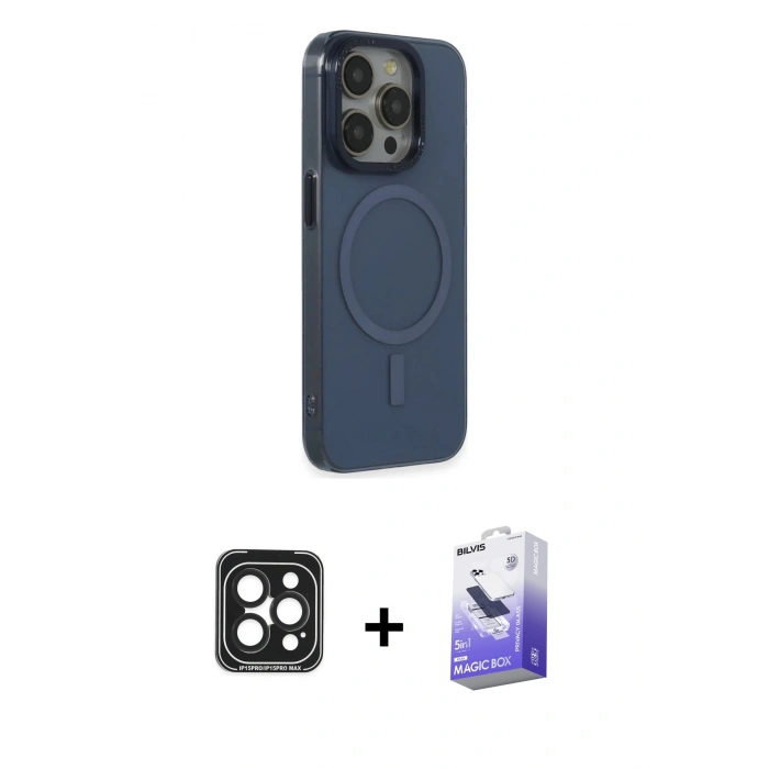 MARSİLYAN™- iPhone 15 Pro Max Kılıf Eksen Işık Prime - Siyah Bilvis 5in1 5D Magic Hayalet Cam Ekran Koruyucu + Siyah PVD Metal Kamera Lens