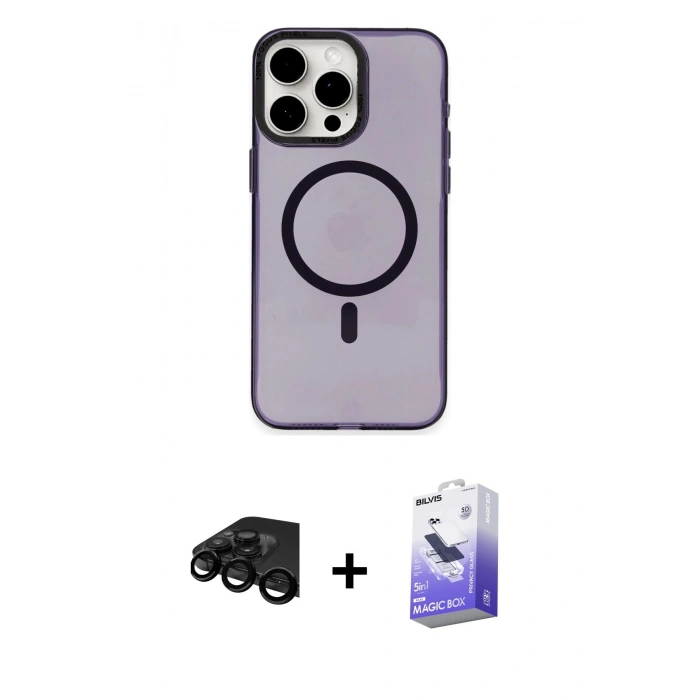 MARSİLYAN™- iPhone 15 Pro Max Kılıf Eksen Işık Prime - Siyah Bilvis 5in1 5D Magic Hayalet Cam Ekran Koruyucu + Siyah Raze Metal Kamera Lens