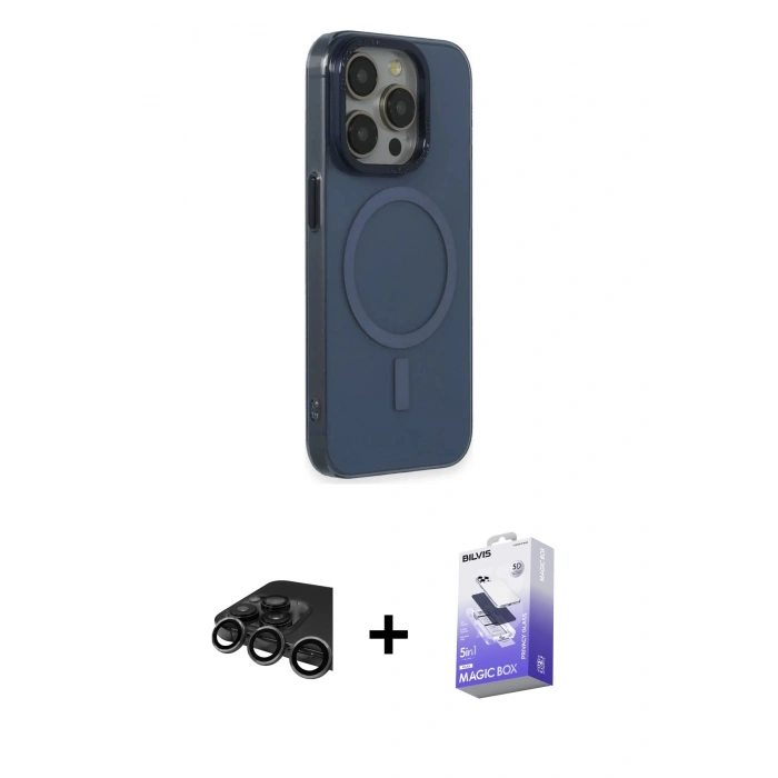 MARSİLYAN™- iPhone 15 Pro Max Kılıf Eksen Işık Prime - Siyah Bilvis 5in1 5D Magic Hayalet Cam Ekran Koruyucu + Raze Metal Kamera Lens - TMGI