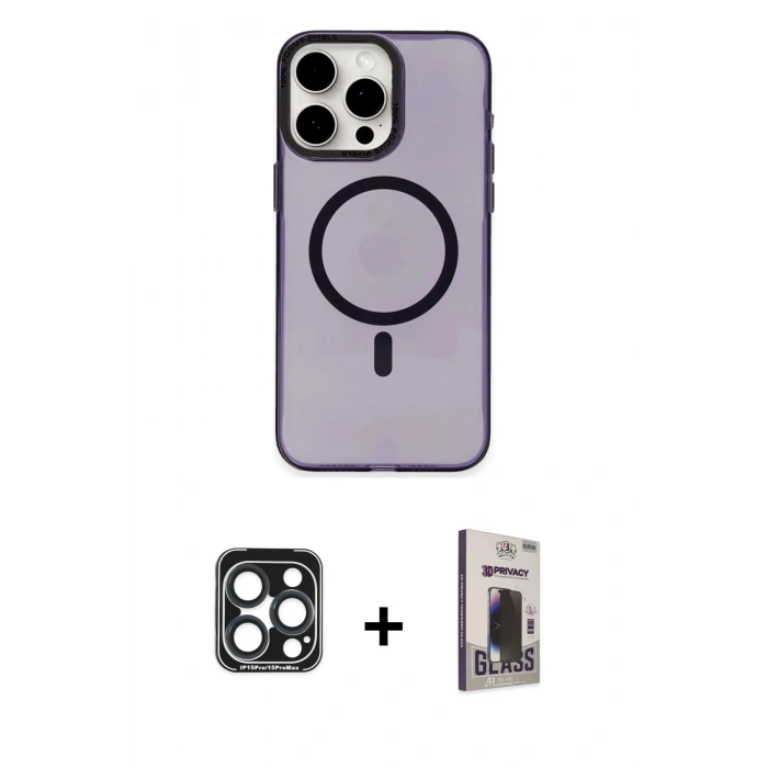 MARSİLYAN™- iPhone 15 Pro Max Kılıf Eksen Işık Prime - Siyah Bilvis Hayalet Cam Ekran Koruyucu + Lacivert PVD Metal Kamera Lens