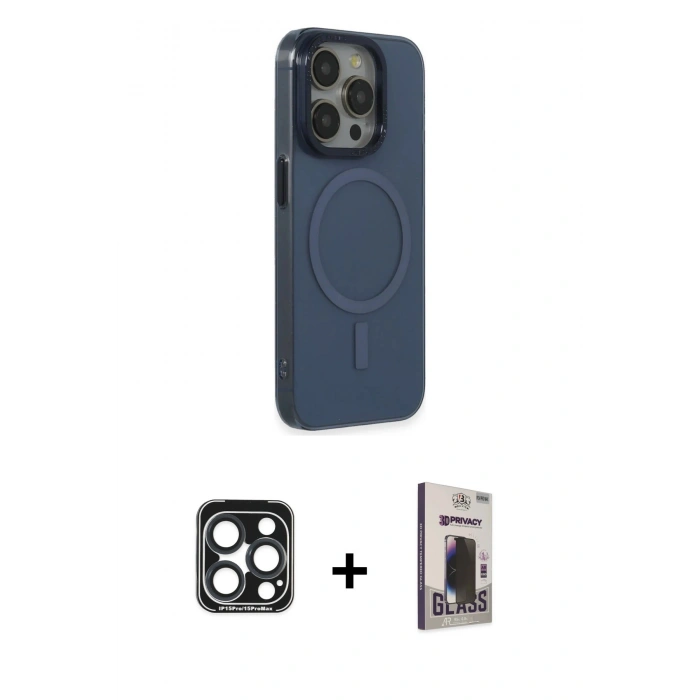 MARSİLYAN™- iPhone 15 Pro Max Kılıf Eksen Işık Prime - Siyah Bilvis Hayalet Cam Ekran Koruyucu + Lacivert PVD Metal Kamera Lens
