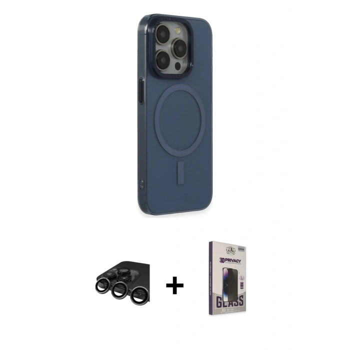 MARSİLYAN™- iPhone 15 Pro Max Kılıf Eksen Işık Prime - Siyah Bilvis Hayalet Cam Ekran Koruyucu + Raze Metal Kamera Lens - TMGI