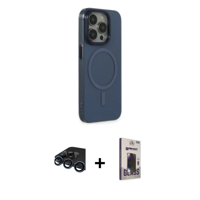 MARSİLYAN™- iPhone 15 Pro Max Kılıf Eksen Işık Prime - Siyah Bilvis Hayalet Cam Ekran Koruyucu + Raze Metal Kamera Lens - LT