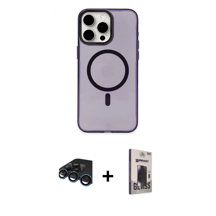 MARSİLYAN™- iPhone 15 Pro Max Kılıf Eksen Işık Prime - Siyah Bilvis Hayalet Cam Ekran Koruyucu + Raze Metal Kamera Lens - LT