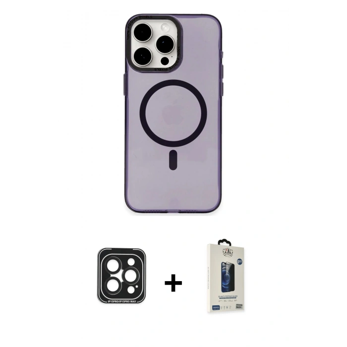 MARSİLYAN™- iPhone 15 Pro Max Kılıf Eksen Işık Prime - Siyah Bilvis Hayalet Cam Ekran Koruyucu + PVD Metal Kamera Lens - SH