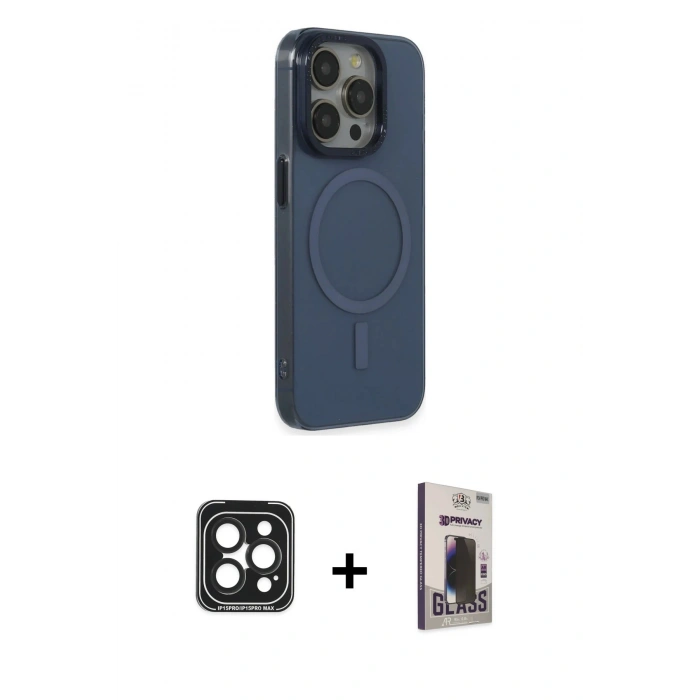 MARSİLYAN™- iPhone 15 Pro Max Kılıf Eksen Işık Prime - Siyah Bilvis Hayalet Cam Ekran Koruyucu + Siyah PVD Metal Kamera Lens