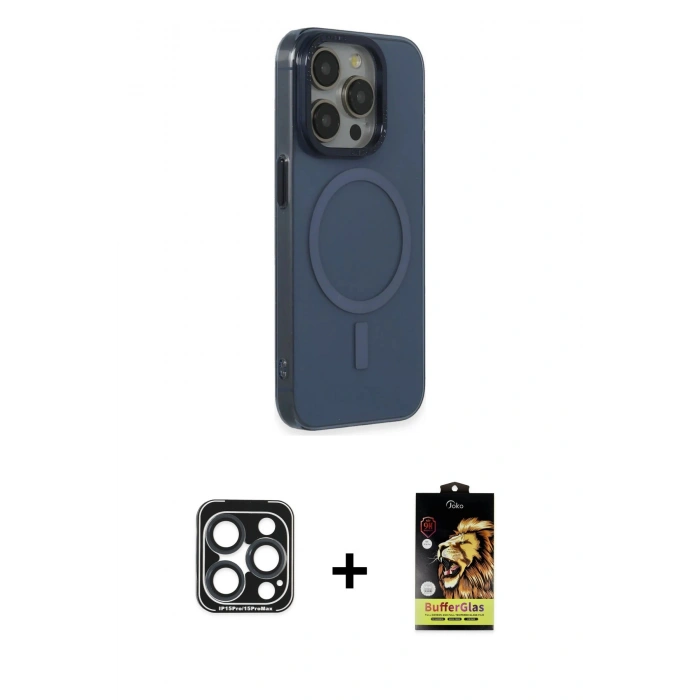 MARSİLYAN™- iPhone 15 Pro Max Kılıf Eksen Işık Prime - Siyah Buffer Cam Ekran Koruyucu + PVD Metal Kamera Lens - LT