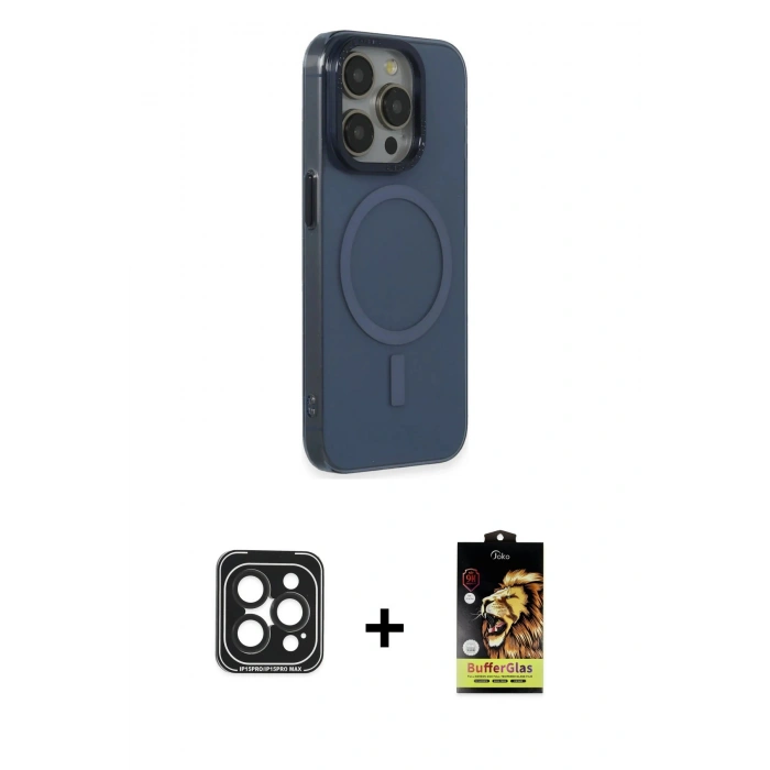 MARSİLYAN™- iPhone 15 Pro Max Kılıf Eksen Işık Prime - Siyah Buffer Cam Ekran Koruyucu + PVD Metal Kamera Lens - SH