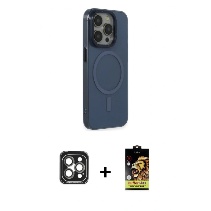 MARSİLYAN™- iPhone 15 Pro Max Kılıf Eksen Işık Prime - Siyah Buffer Cam Ekran Koruyucu + PVD Metal Kamera Lens - GI