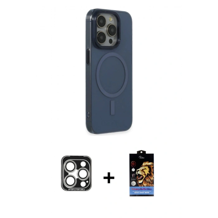 MARSİLYAN™- iPhone 15 Pro Max Kılıf Eksen Işık Prime - Siyah Buffer Hayalet Cam Ekran Koruyucu + PVD Metal Kamera Lens - GS
