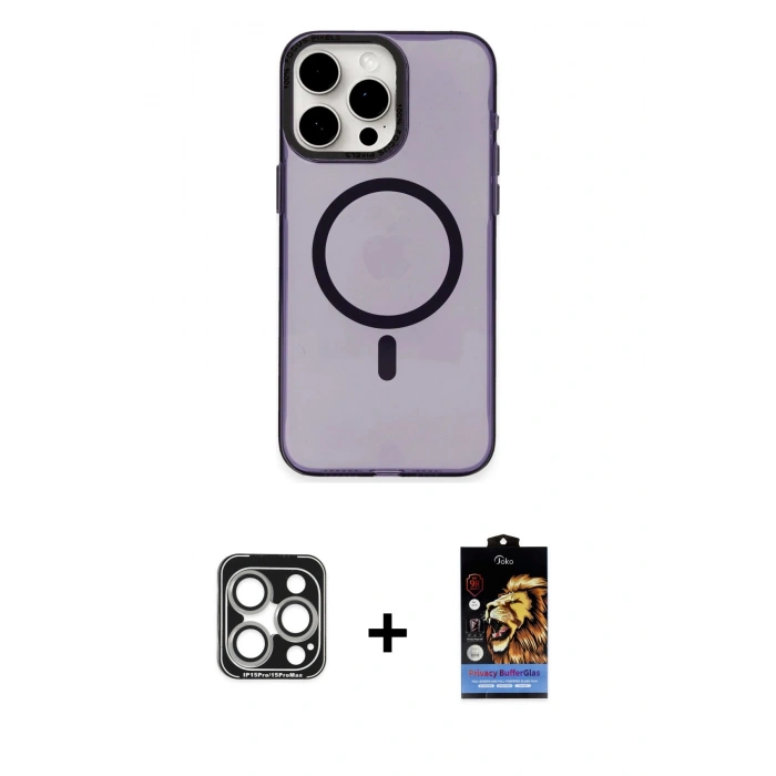MARSİLYAN™- iPhone 15 Pro Max Kılıf Eksen Işık Prime - Siyah Buffer Hayalet Cam Ekran Koruyucu + PVD Metal Kamera Lens - GS