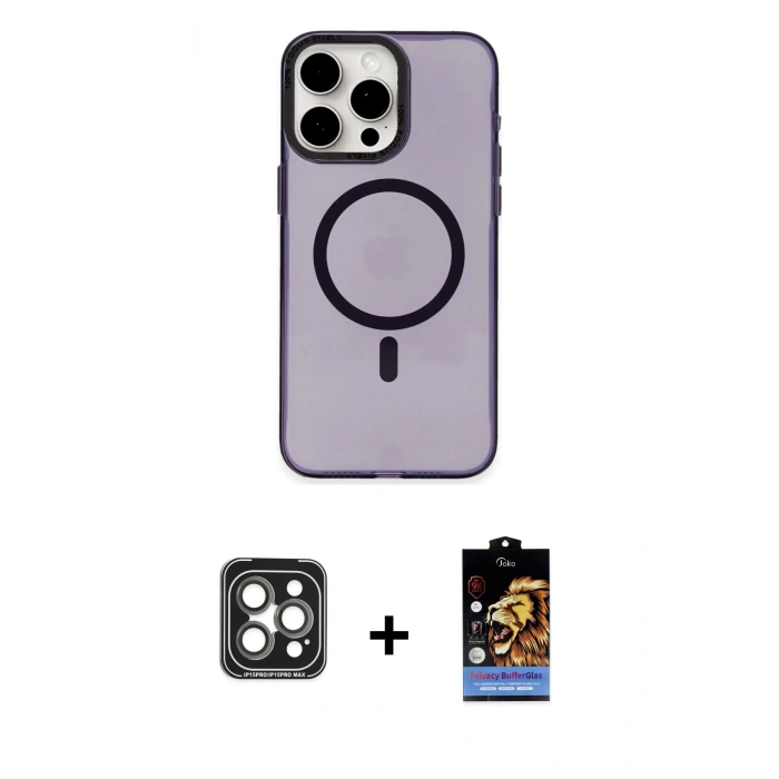 MARSİLYAN™- iPhone 15 Pro Max Kılıf Eksen Işık Prime - Siyah Buffer Hayalet Cam Ekran Koruyucu + PVD Metal Kamera Lens - GI