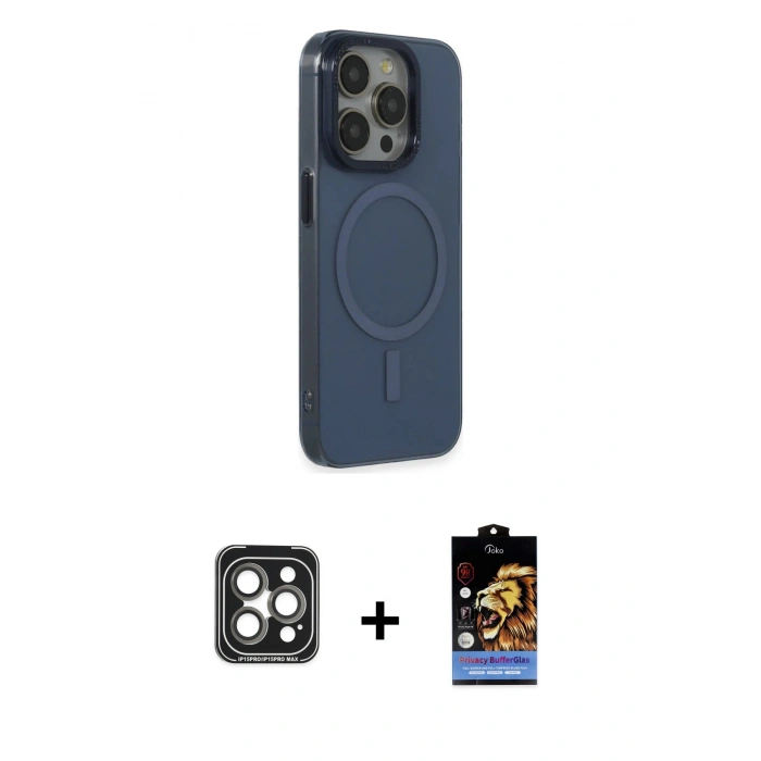 MARSİLYAN™- iPhone 15 Pro Max Kılıf Eksen Işık Prime - Siyah Buffer Hayalet Cam Ekran Koruyucu + PVD Metal Kamera Lens - GI