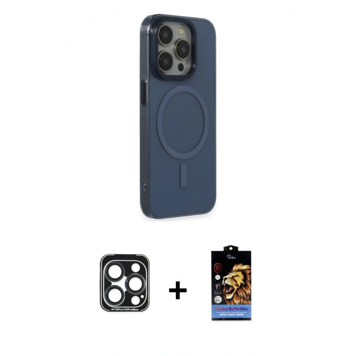 MARSİLYAN™- iPhone 15 Pro Max Kılıf Eksen Işık Prime - Siyah Buffer Hayalet Cam Ekran Koruyucu + PVD Metal Kamera Lens - LT