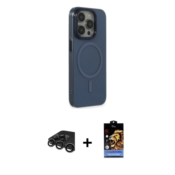 MARSİLYAN™- iPhone 15 Pro Max Kılıf Eksen Işık Prime - Siyah Buffer Hayalet Cam Ekran Koruyucu + Raze Metal Kamera Lens - TMGI