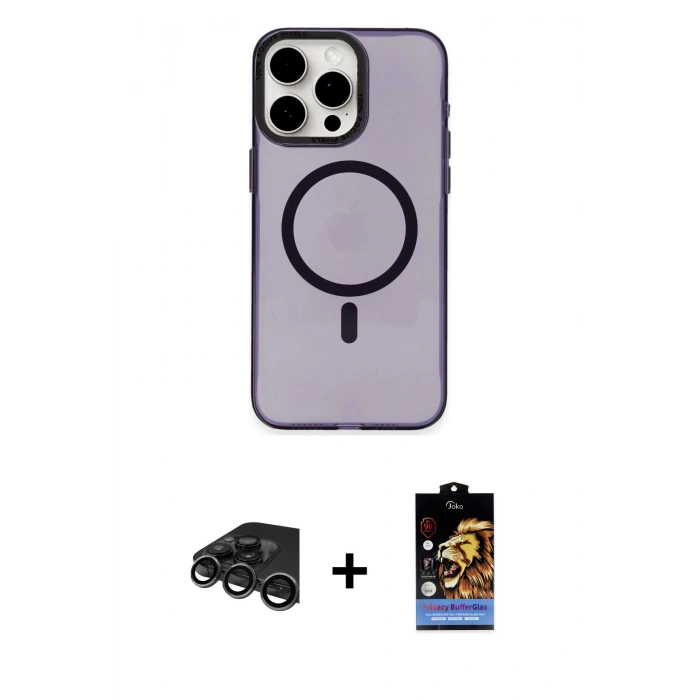 MARSİLYAN™- iPhone 15 Pro Max Kılıf Eksen Işık Prime - Siyah Buffer Hayalet Cam Ekran Koruyucu + Raze Metal Kamera Lens - TMGI